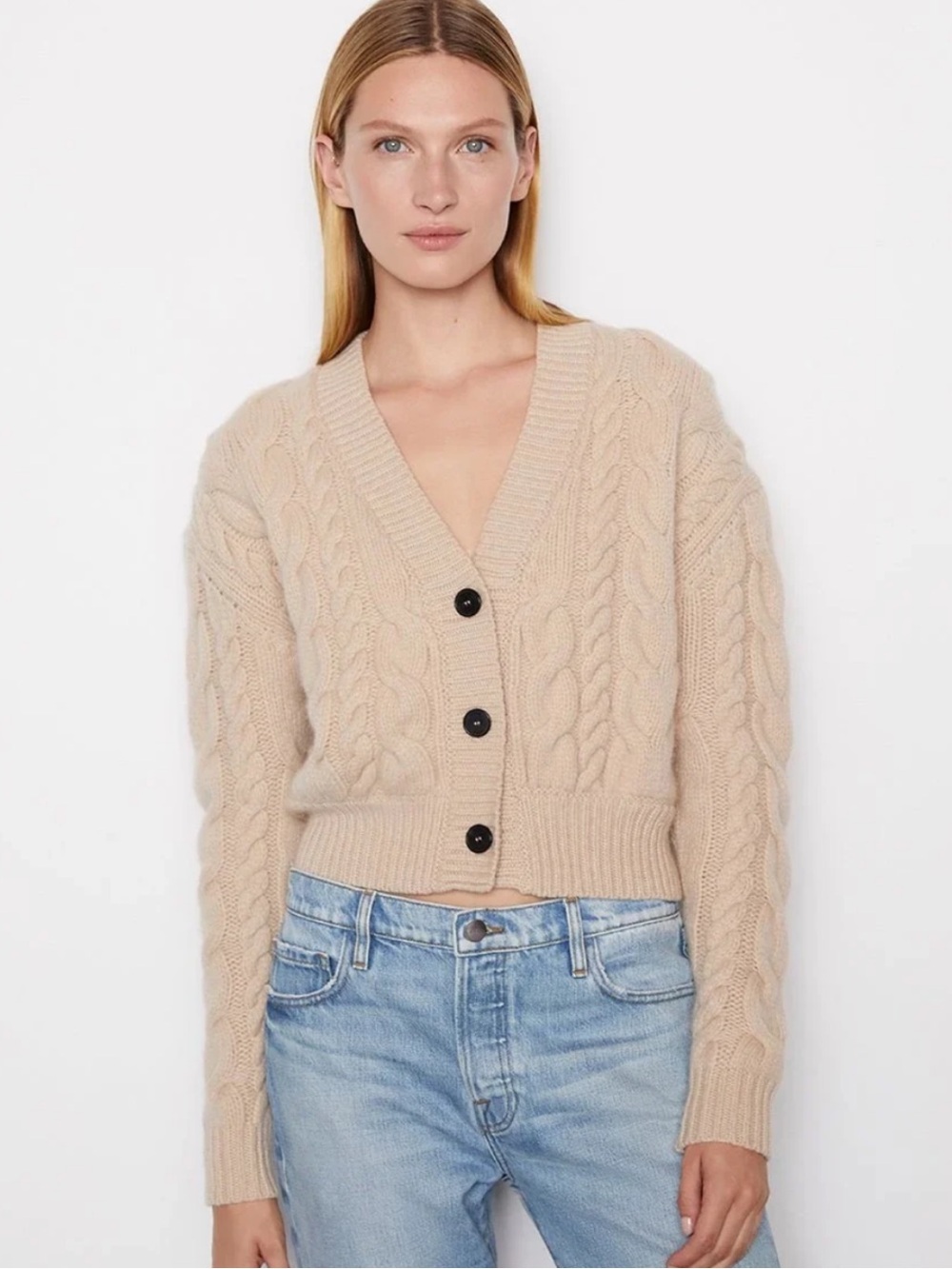 Frame Beige Cable-Knit V-Neck Button Down Cardigan